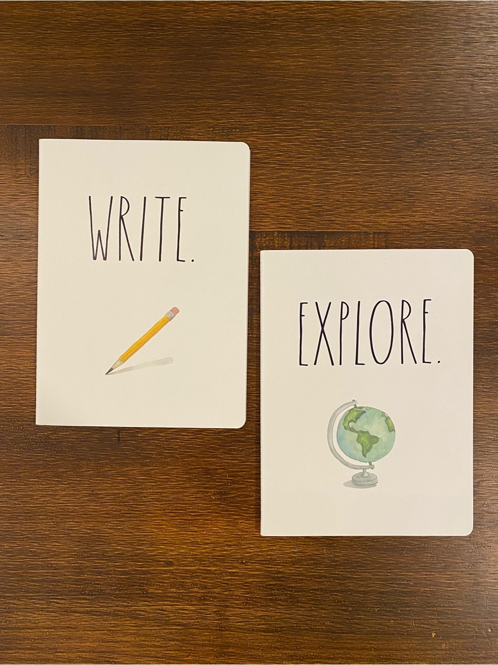 Rae Dunn White Notebook 2-Pack w/ Pencil Illustration “Write” & Globe “Explore”
